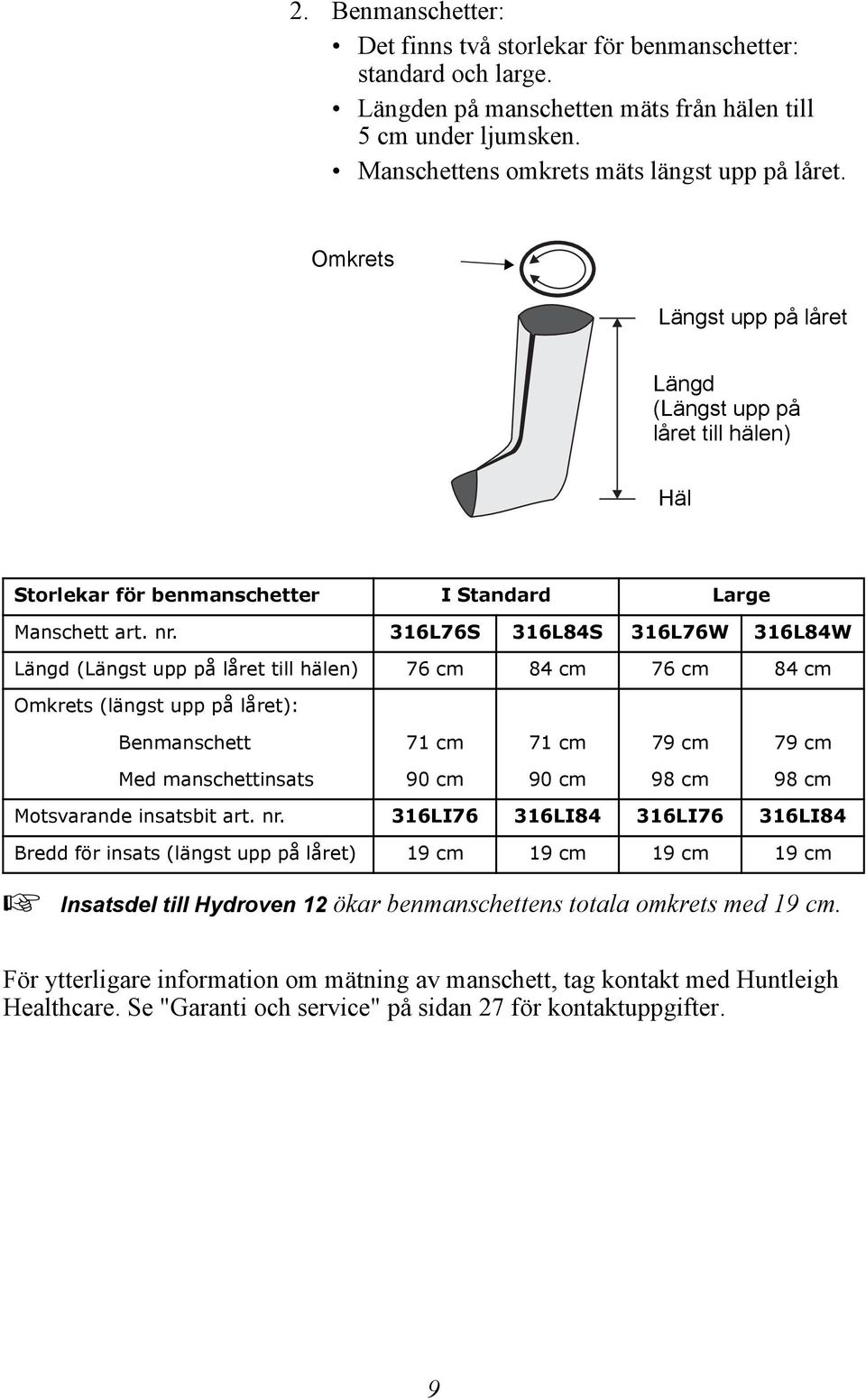 316L76S 316L84S 316L76W 316L84W Längd (Längst upp på låret till hälen) 76 cm 84 cm 76 cm 84 cm Omkrets (längst upp på låret): Benmanschett 71 cm 71 cm 79 cm 79 cm Med manschettinsats 90 cm 90 cm 98