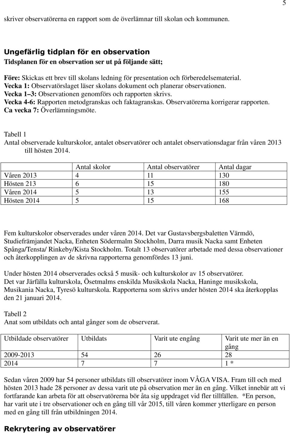 Vecka 1: Observatörslaget läser skolans dokument och planerar observationen. Vecka 1 3: Observationen genomförs och rapporten skrivs. Vecka 4-6: Rapporten metodgranskas och faktagranskas.