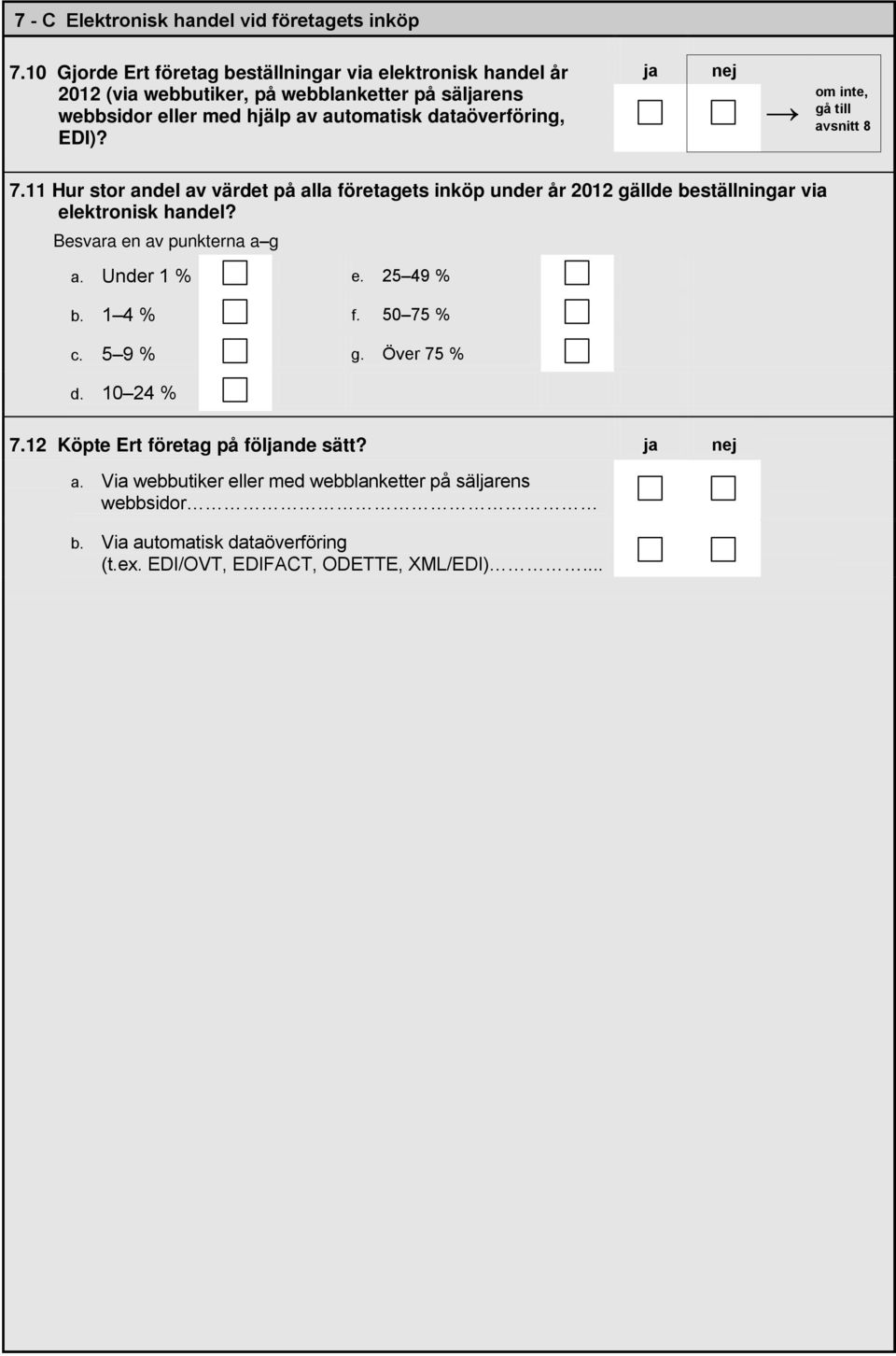 dataöverföring, EDI)? gå till avsnitt 8 7.11 Hur stor andel av värdet på alla företagets inköp under år 2012 gällde beställningar via elektronisk handel?