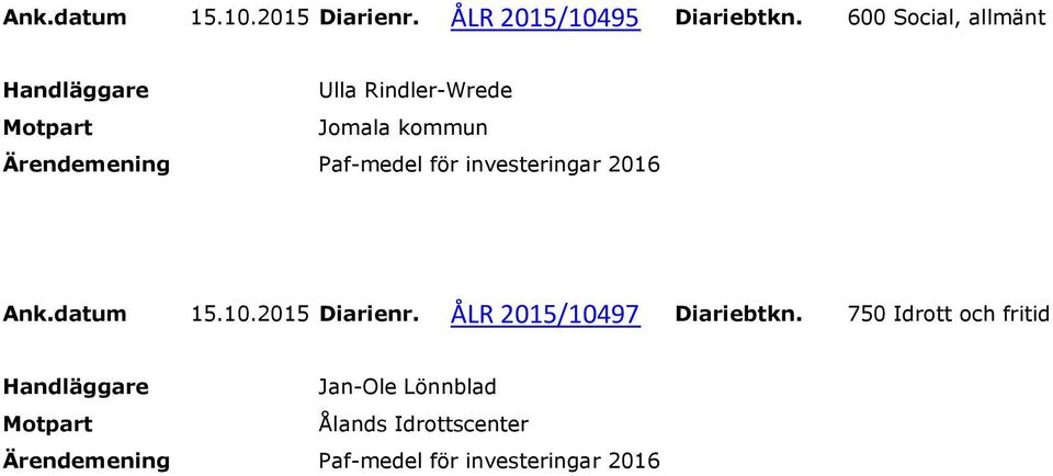 2016 Ank.datum 15.10.2015 Diarienr. ÅLR 2015/10497 Diariebtkn.