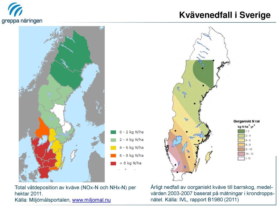 nu Årligt nedfall av oorganiskt kväve till barrskog, medelvärden