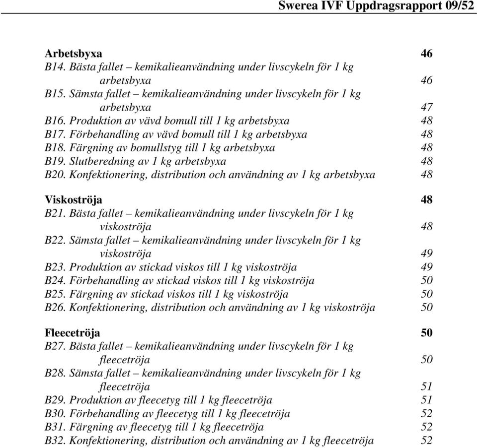 Slutberedning av 1 kg arbetsbyxa 48 B20. Konfektionering, distribution och användning av 1 kg arbetsbyxa 48 Viskoströja 48 B21.