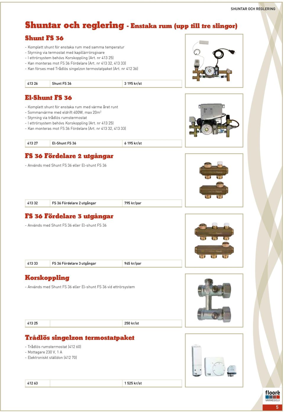 nr 412 36) 413 26 Shunt FS 36 3 195 kr/st El-Shunt FS 36 - Komplett shunt för enstaka rum med värme året runt - Sommarvärme med eldrift 400W, max 20m 2 - Styrning via trådlös rumstermostat - I