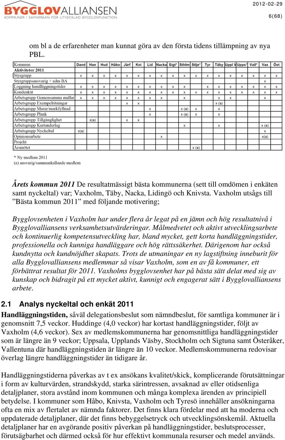 Vaxholm utsågs till Bästa kommun 2011 med följande motivering; Bygglovsenheten i Vaxholm har under flera år legat på en jämn och hög resultatnivå i Bygglovalliansens verksamhetsutvärderingar.