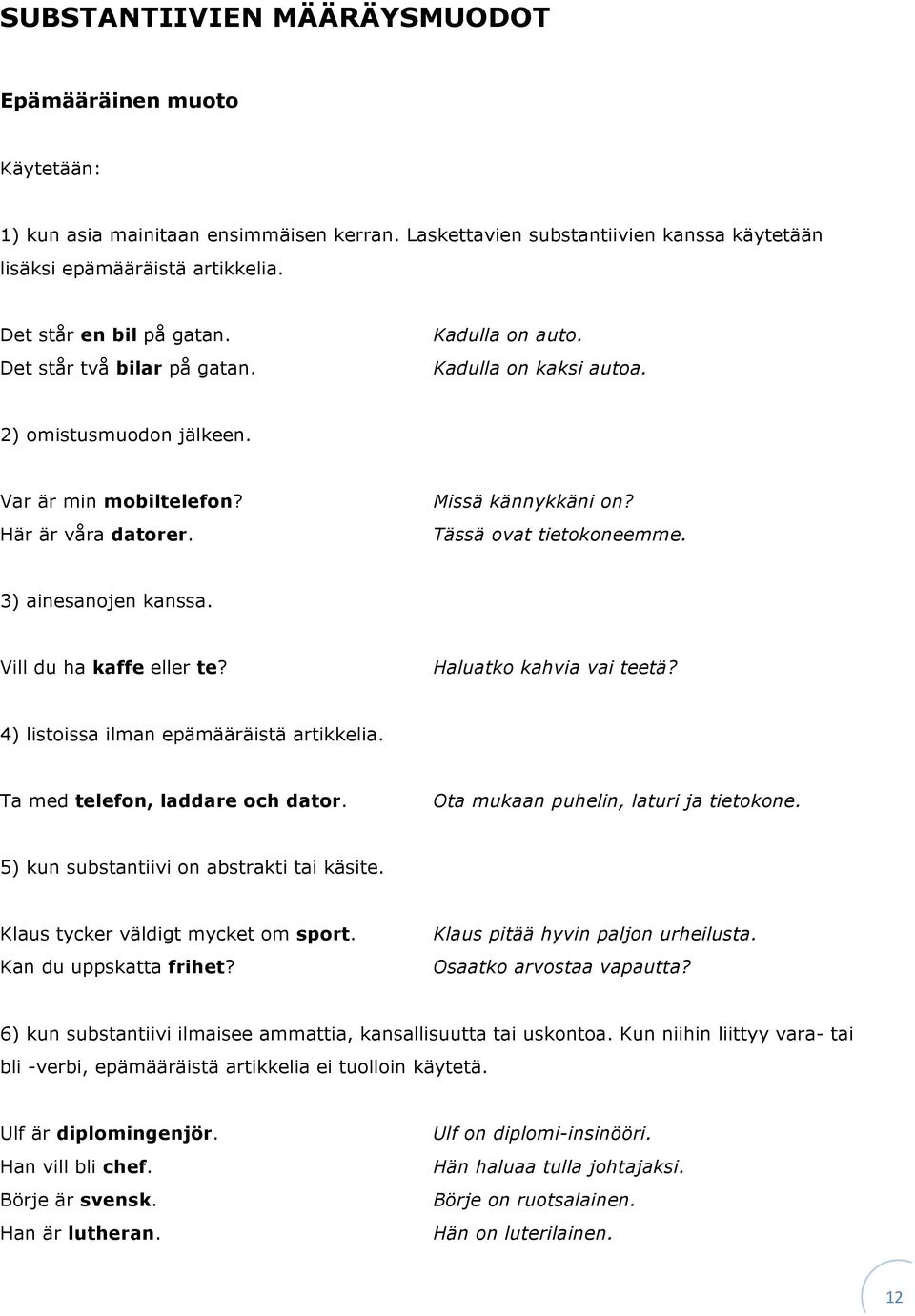 Tässä ovat tietokoneemme. 3) ainesanojen kanssa. Vill du ha kaffe eller te? Haluatko kahvia vai teetä? 4) listoissa ilman epämääräistä artikkelia. Ta med telefon, laddare och dator.