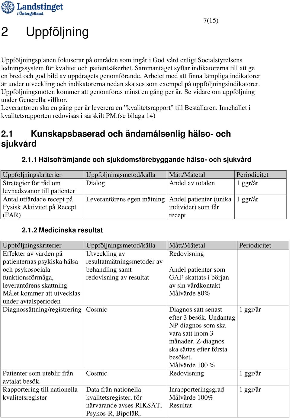 Arbetet med att finna lämpliga indikatorer är under utveckling och indikatorerna nedan ska ses som exempel på uppföljningsindikatorer. Uppföljningsmöten kommer att genomföras minst en gång per år.