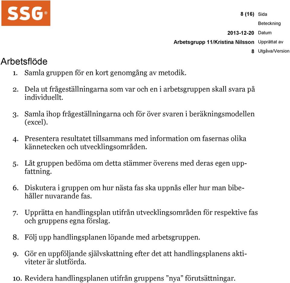 Låt gruppen bedöma om detta stämmer överens med deras egen uppfattning. 6. Diskutera i gruppen om hur nästa fas ska uppnås eller hur man bibehåller nuvarande fas. 7.