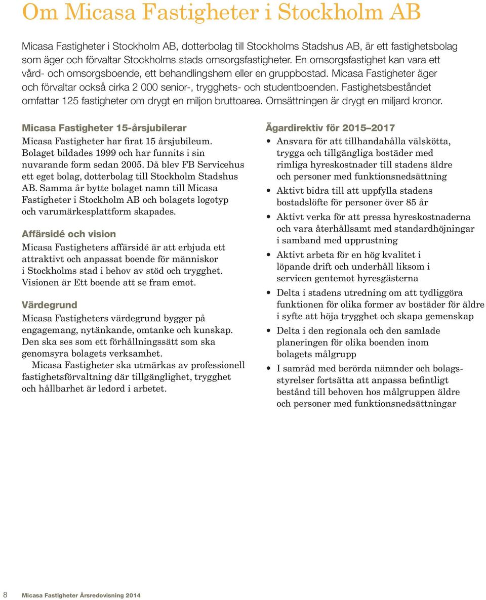 Fastighetsbeståndet omfattar 125 fastigheter om drygt en miljon bruttoarea. Omsättningen är drygt en miljard kronor. Micasa Fastigheter 15-årsjubilerar Micasa Fastigheter har firat 15 årsjubileum.