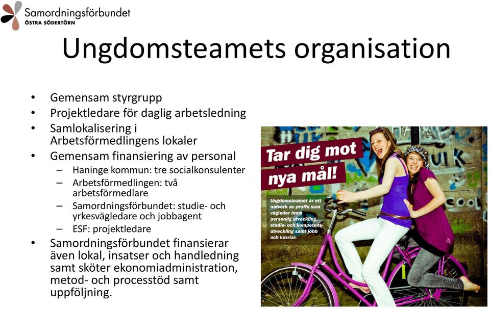 Arbetsförmedlingen: två arbetsförmedlare Samordningsförbundet: studie- och yrkesvägledare och jobbagent ESF: