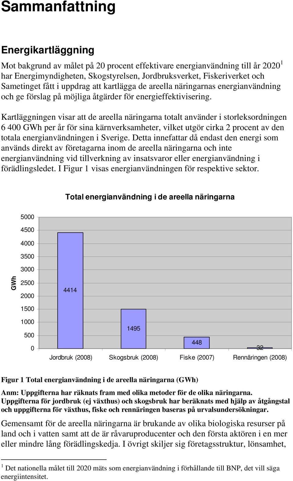 Kartläggningen visar att de areella näringarna totalt använder i storleksordningen 6 400 GWh per år för sina kärnverksamheter, vilket utgör cirka 2 procent av den totala energianvändningen i Sverige.