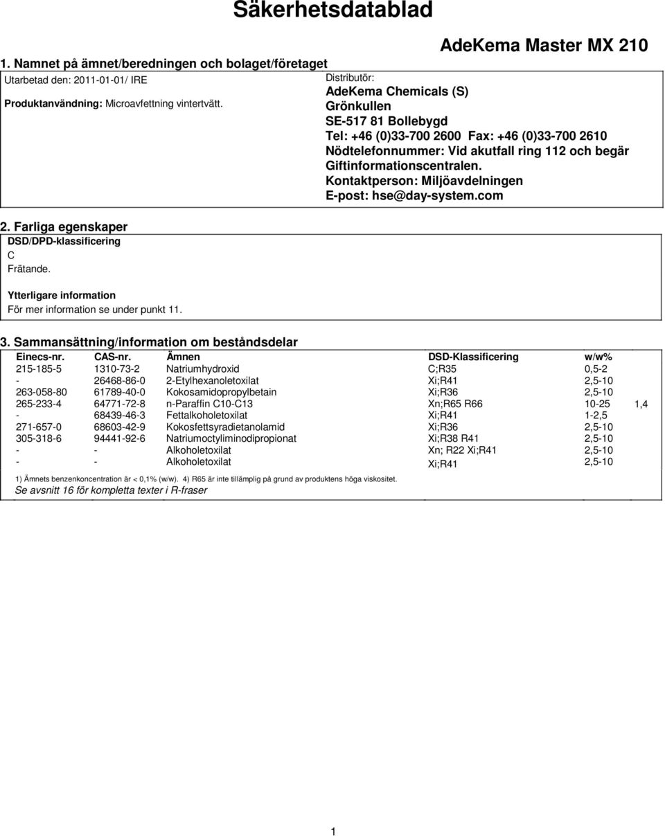 Kontaktperson: Miljöavdelningen Epost: hse@daysystem.com 2. Farliga egenskaper DSD/DPDklassificering C Frätande. Ytterligare information För mer information se under punkt 11. 3.