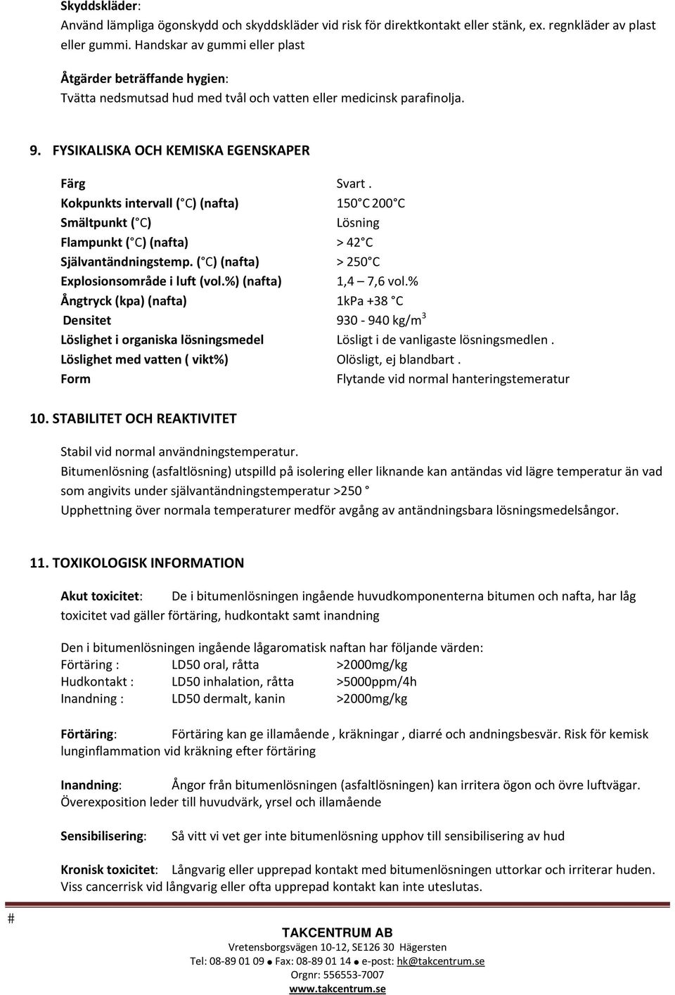 Kokpunkts intervall ( C) (nafta) 150 C 200 C Smältpunkt ( C) Lösning Flampunkt ( C) (nafta) > 42 C Självantändningstemp. ( C) (nafta) > 250 C Explosionsområde i luft (vol.%) (nafta) 1,4 7,6 vol.