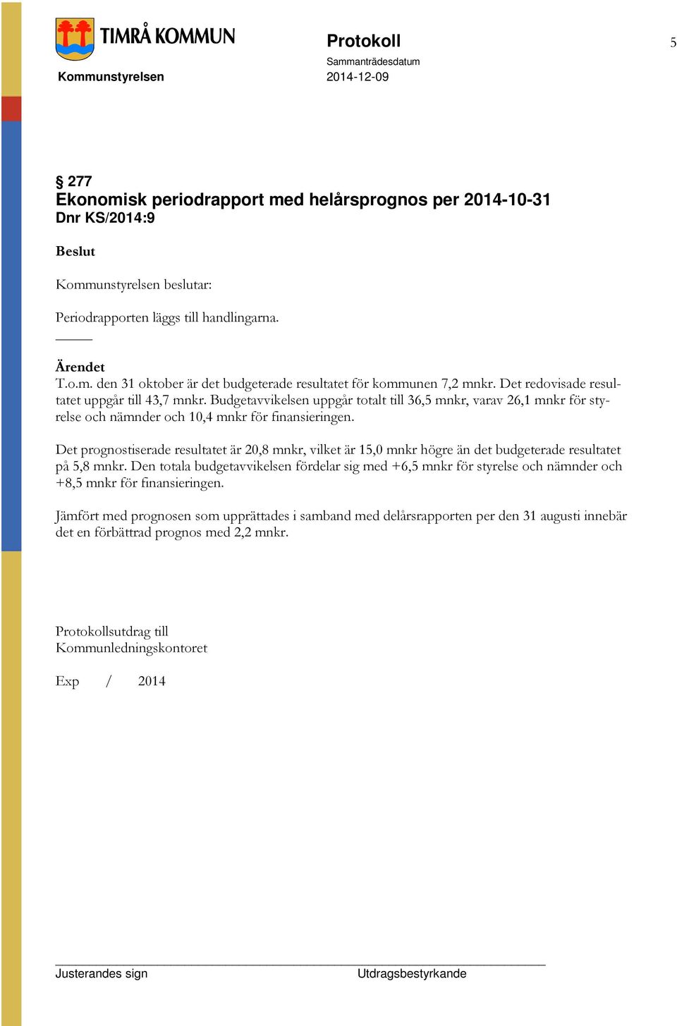 Det prognostiserade resultatet är 20,8 mnkr, vilket är 15,0 mnkr högre än det budgeterade resultatet på 5,8 mnkr.