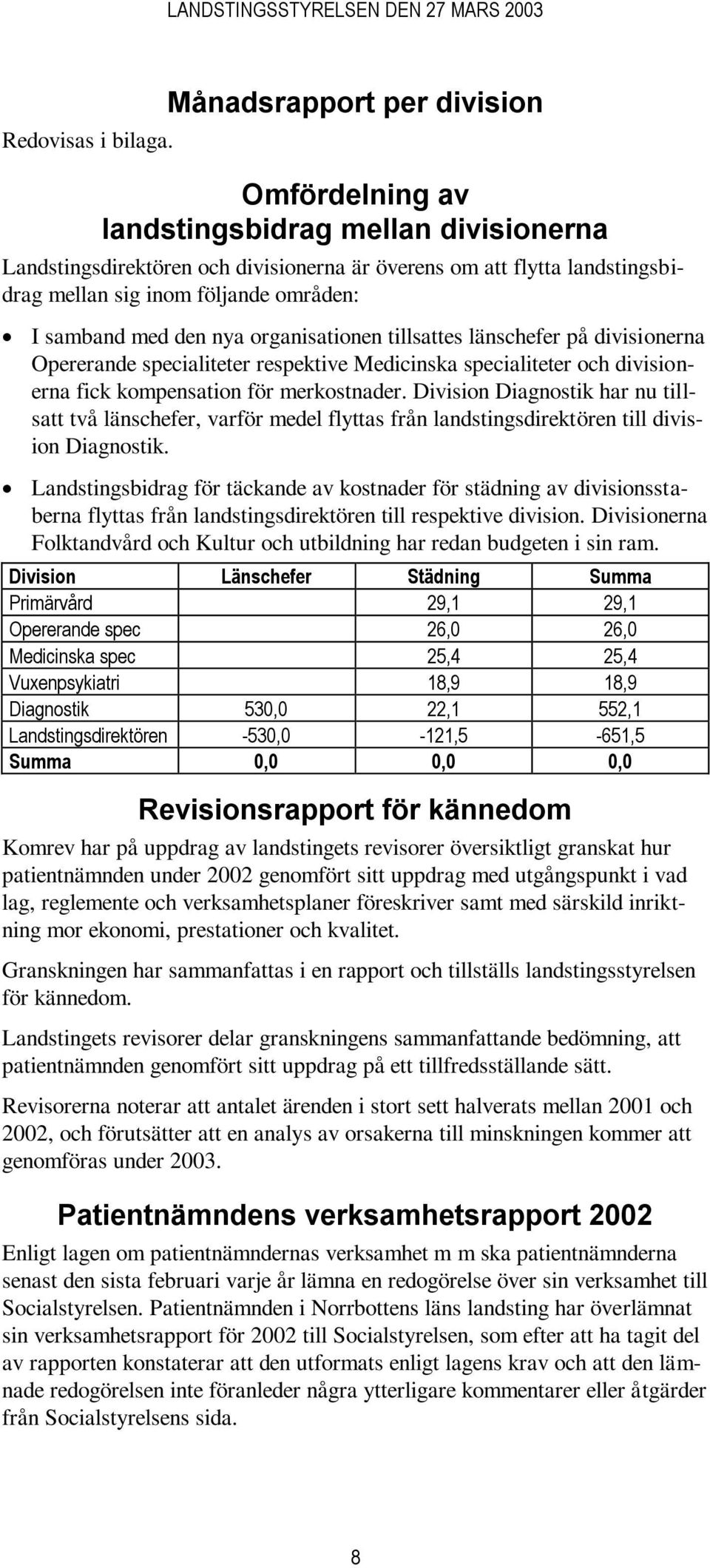 samband med den nya organisationen tillsattes länschefer på divisionerna Opererande specialiteter respektive Medicinska specialiteter och divisionerna fick kompensation för merkostnader.