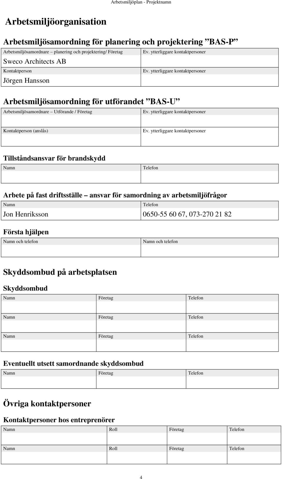 ytterliggare kontaktpersoner Tillståndsansvar för brandskydd Namn Telefon Arbete på fast driftsställe ansvar för samordning av arbetsmiljöfrågor Namn Telefon Jon Henriksson 0650-55 60 67, 073-270 21