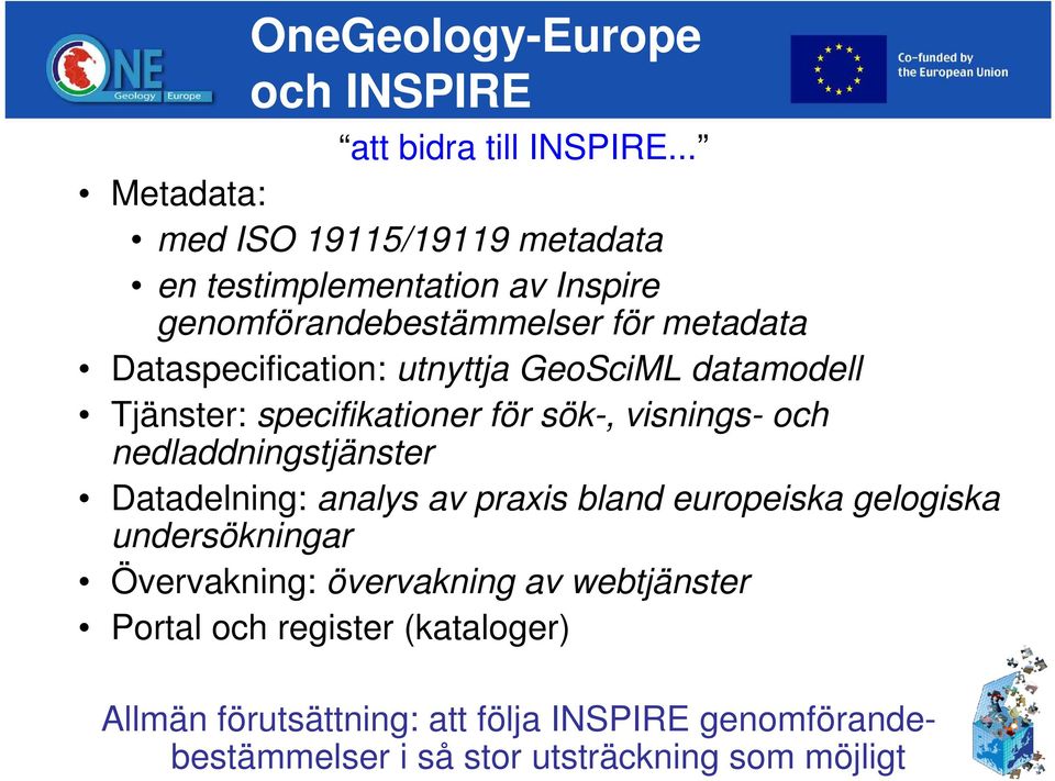 utnyttja GeoSciML datamodell Tjänster: specifikationer för sök-, visnings- och nedladdningstjänster Datadelning: analys av praxis