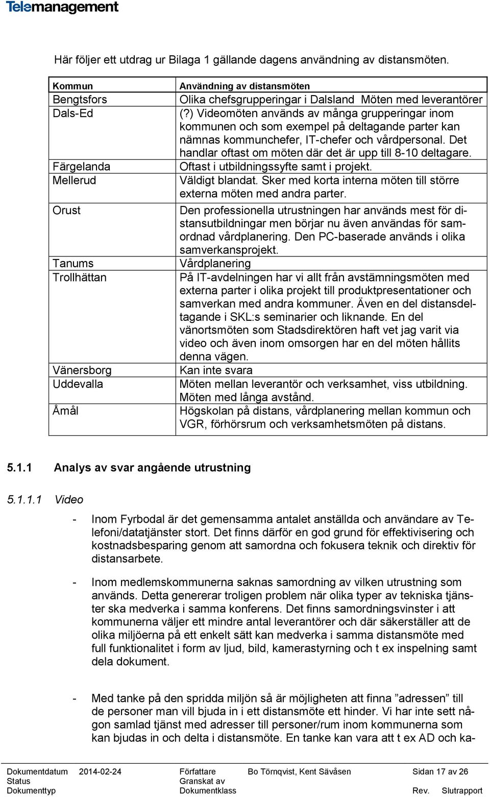 ) Videomöten används av många grupperingar inom kommunen och som exempel på deltagande parter kan nämnas kommunchefer, IT-chefer och vårdpersonal.