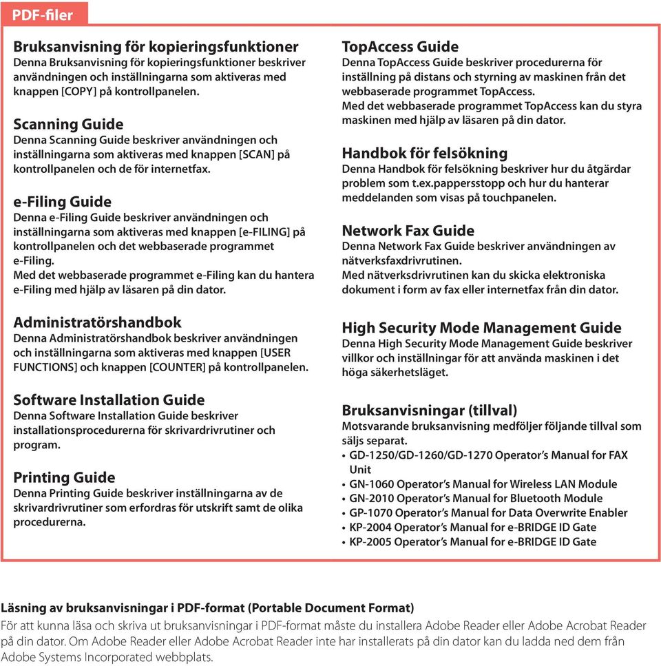 e-filing Guide Denna e-filing Guide beskriver användningen och inställningarna som aktiveras med knappen [e-filing] på kontrollpanelen och det webbaserade programmet e-filing.