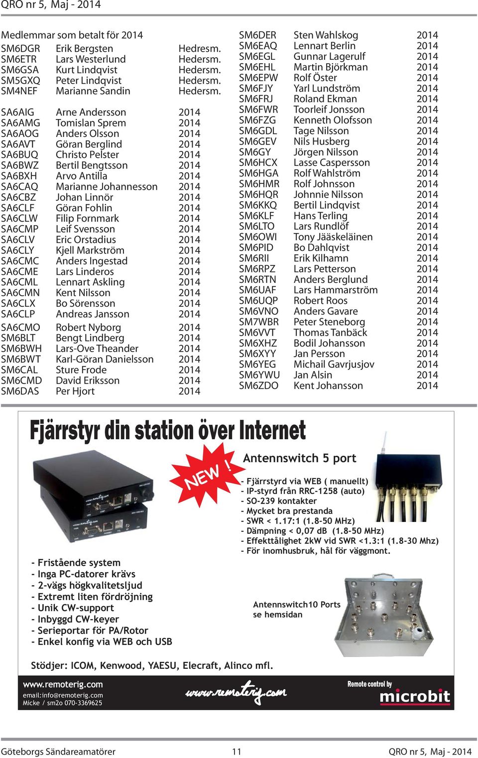 Marianne Johannesson 2014 SA6CBZ Johan Linnör 2014 SA6CLF Göran Fohlin 2014 SA6CLW Filip Fornmark 2014 SA6CMP Leif Svensson 2014 SA6CLV Eric Orstadius 2014 SA6CLY Kjell Markström 2014 SA6CMC Anders