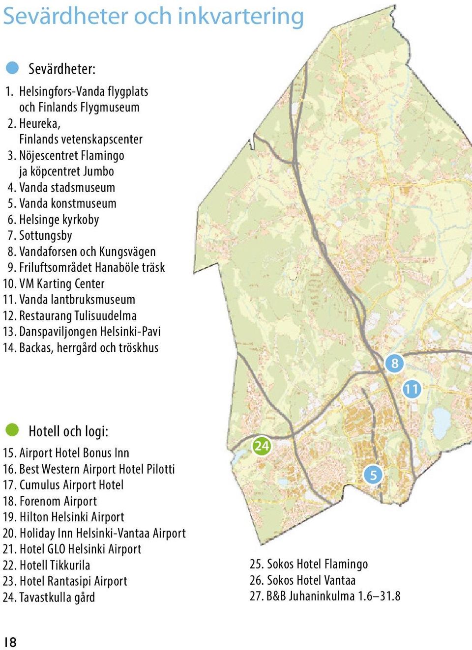 Restaurang Tulisuudelma 13. Danspaviljongen Helsinki-Pavi 14. Backas, herrgård och tröskhus 8 11 Hotell och logi: 15. Airport Hotel Bonus Inn 16. Best Western Airport Hotel Pilotti 17.