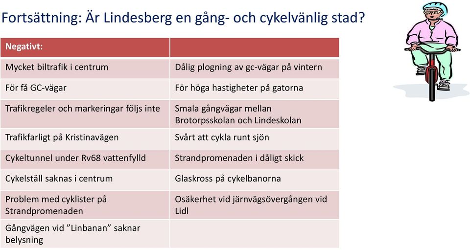 Rv68 vattenfylld Cykelställ saknas i centrum Problem med cyklister på Strandpromenaden Gångvägen vid Linbanan saknar belysning Dålig plogning av