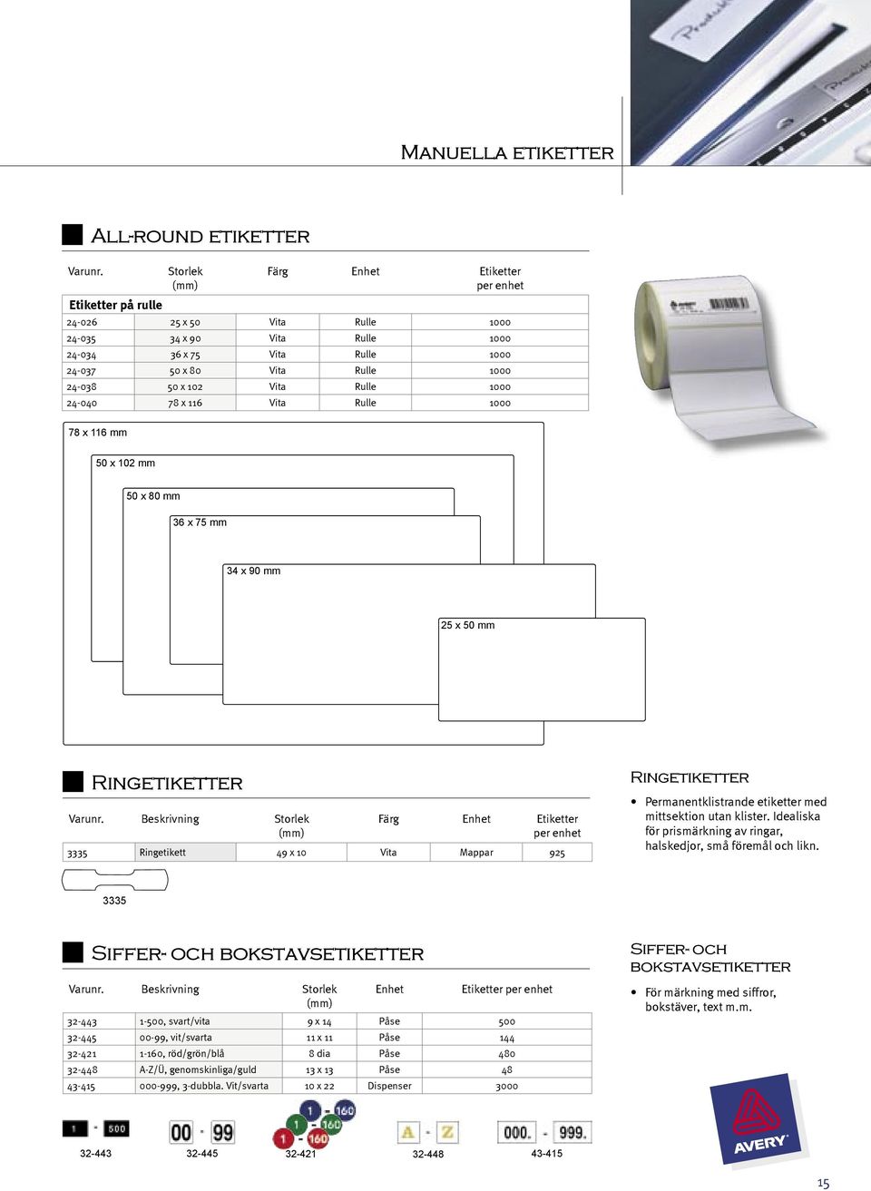 Vita Rulle 1000 24-040 78 x 116 Vita Rulle 1000 78 x 116 mm 50 x 102 mm 50 x 80 mm 36 x 75 mm 34 x 90 mm 25 x 50 mm Ringetiketter Färg Enhet per enhet 3335 Ringetikett 49 x 10 Vita Mappar 925