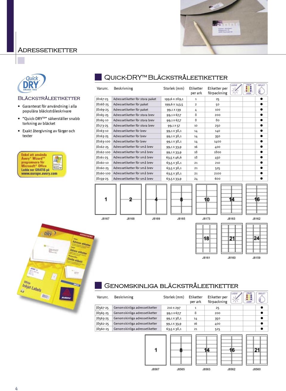 100 J8165-25 Adressetiketter för stora brev 99,1 x 67,7 8 200 J8165-10 Adressetiketter för stora brev 99,1 x 67,7 8 80 J8173-25 Adressetiketter för stora brev 99,1 x 57 10 250 J8163-10