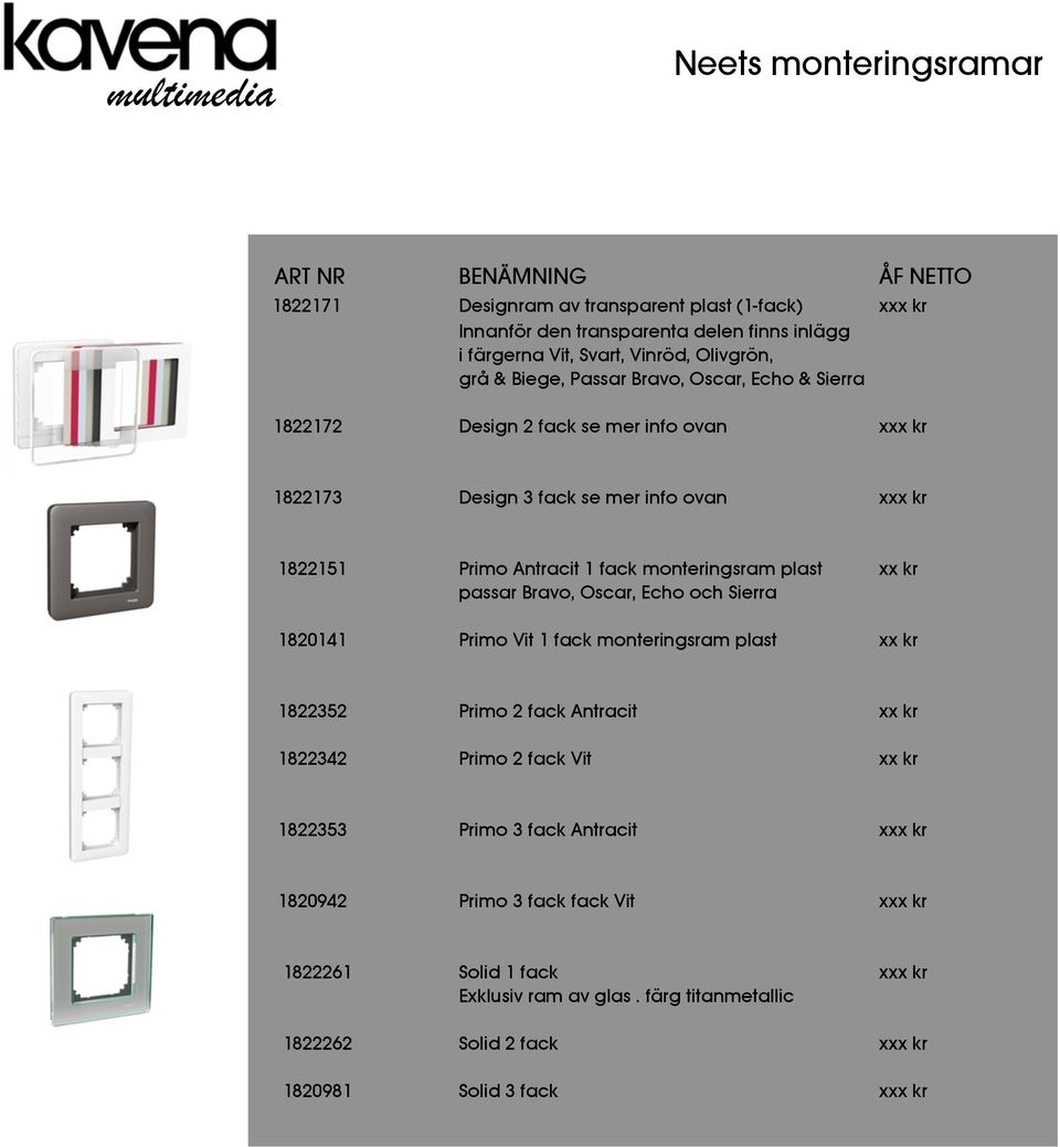 Passar Bravo, Oscar, Echo & Sierra 1822172 Design 2 fack se mer info ovan xxx kr 1822173 Design 3 fack se mer info ovan xxx kr 1822151 Primo Antracit 1 fack monteringsram plast xx kr