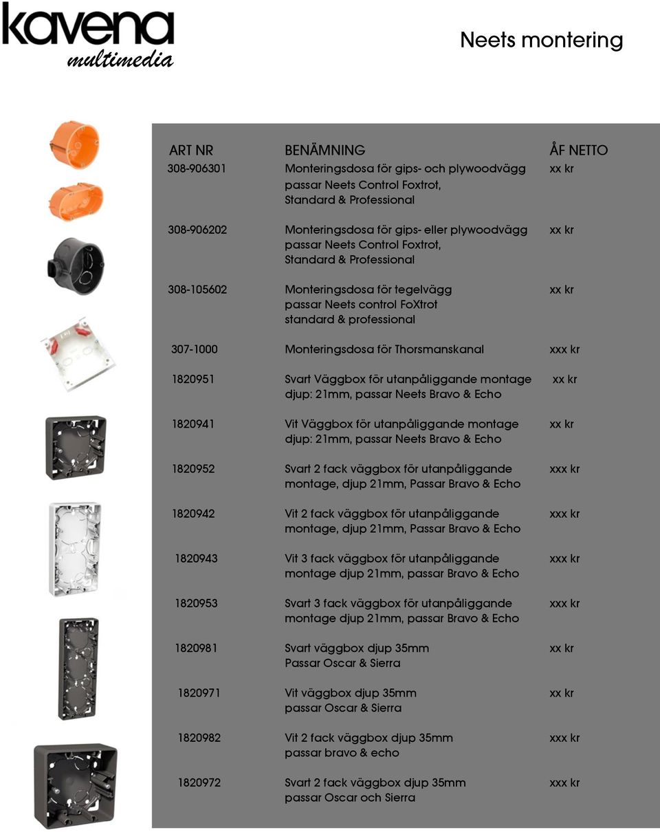 passar Neets Control Foxtrot, Standard & Professional 308-105602 Monteringsdosa för tegelvägg xx kr passar Neets control FoXtrot standard & professional 307-1000 Monteringsdosa för Thorsmanskanal xxx