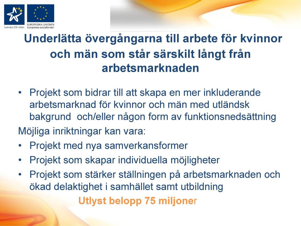 funktionsnedsättning Möjliga inriktningar kan vara: Projekt med nya samverkansformer Projekt som skapar individuella