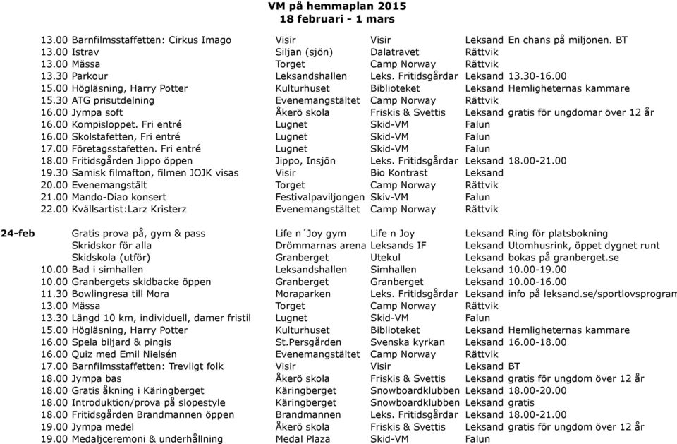 00 Jympa soft Åkerö skola Friskis & Svettis Leksand gratis för ungdomar över 12 år 16.00 Kompisloppet. Fri entré Lugnet Skid-VM Falun 16.00 Skolstafetten, Fri entré Lugnet Skid-VM Falun 17.