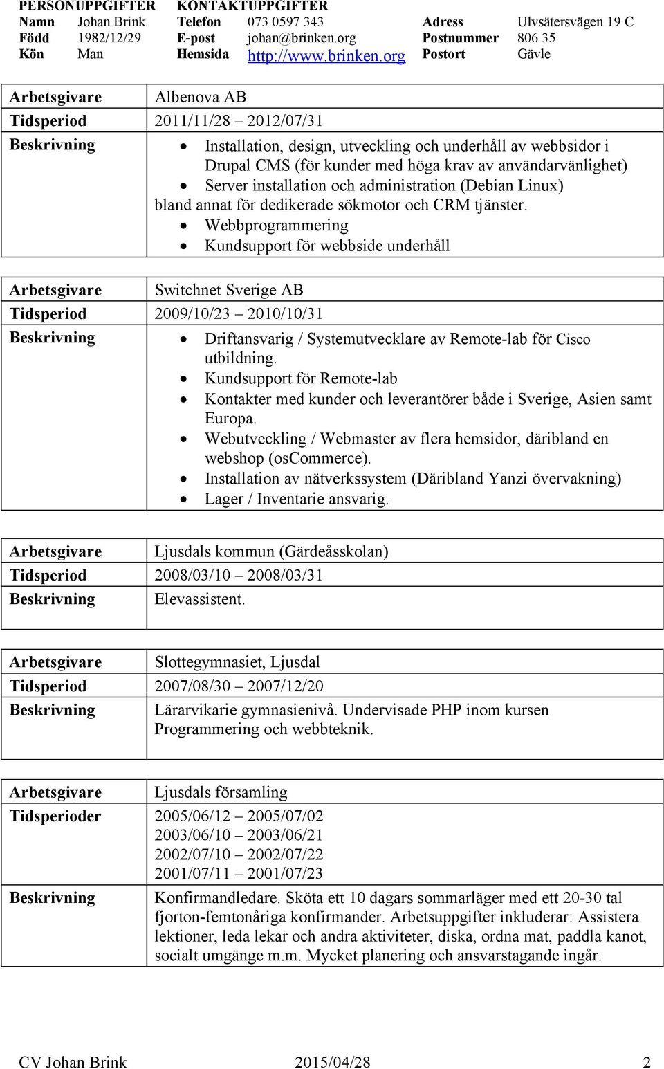 Webbprogrammering Kundsupport för webbside underhåll Arbetsgivare Switchnet Sverige AB Tidsperiod 2009/10/23 2010/10/31 Beskrivning Driftansvarig / Systemutvecklare av Remote-lab för Cisco utbildning.