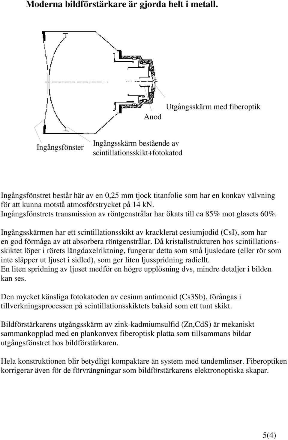 kunna motstå atmosförstrycket på 14 kn. Ingångsfönstrets transmission av röntgenstrålar har ökats till ca 85% mot glasets 60%.