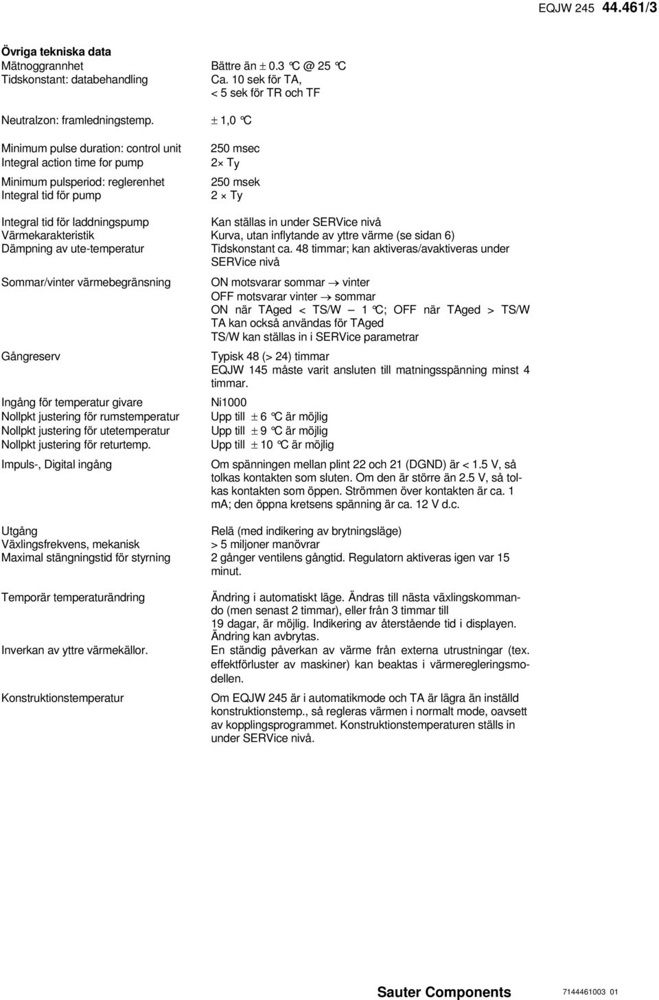 in under SERVice nivå Värmekarakteristik Kurva, utan inflytande av yttre värme (se sidan 6) Dämpning av ute-temperatur Tidskonstant ca.