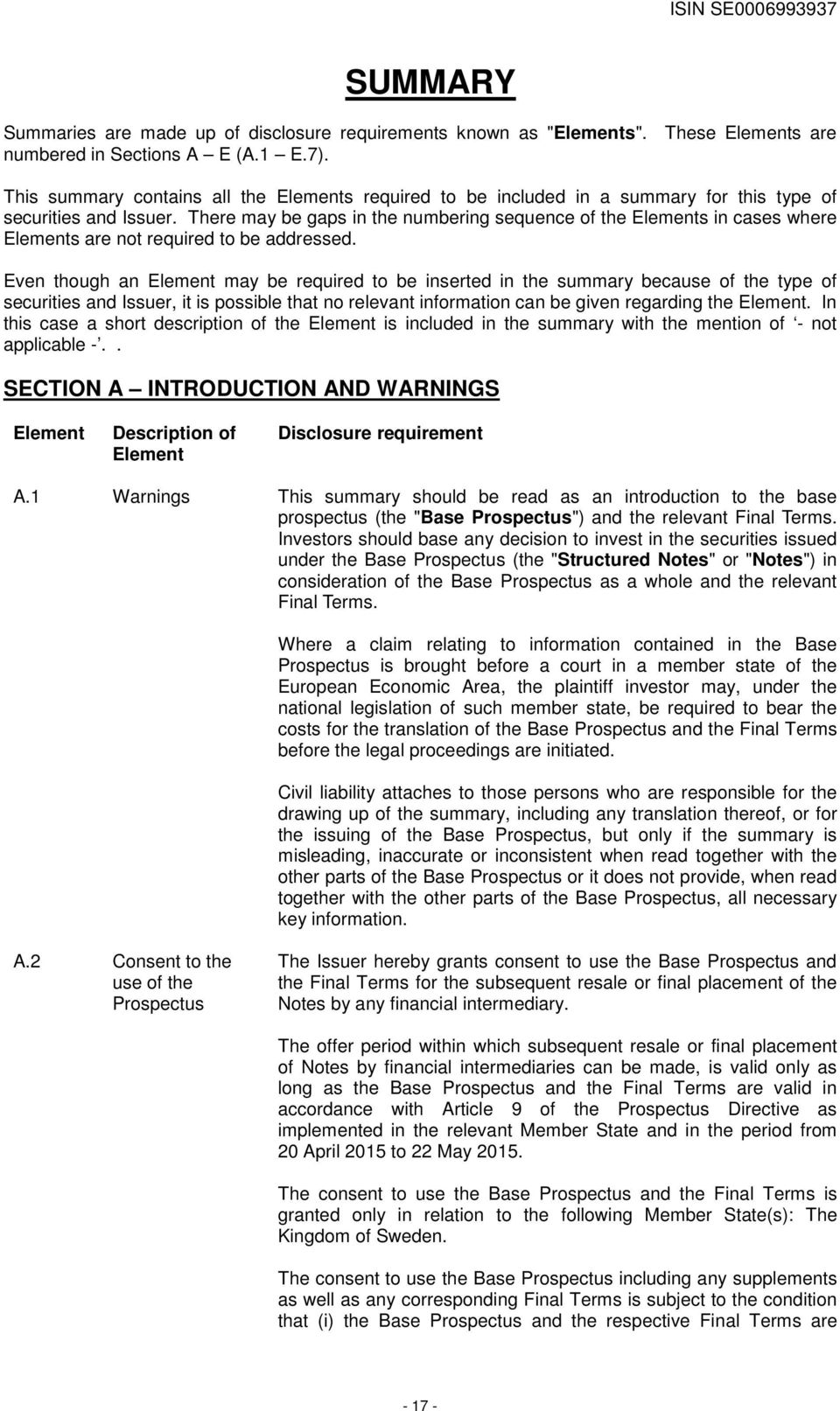 There may be gaps in the numbering sequence of the Elements in cases where Elements are not required to be addressed.