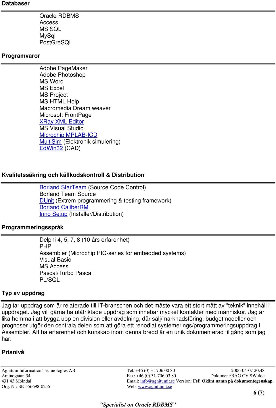 Code Control) Borland Team Source DUnit (Extrem programmering & testing framework) Borland CaliberRM Inno Setup (Installer/Distribution) Delphi 4, 5, 7, 8 (10 års erfarenhet) PHP Assembler (Microchip