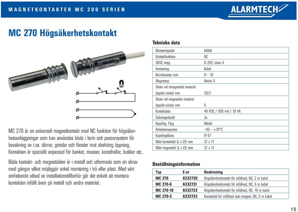 Både kontakt- och magnetdelen är i metall och utformade som en skruv med gängor vilket möjliggör enkel montering i trä eller plast.