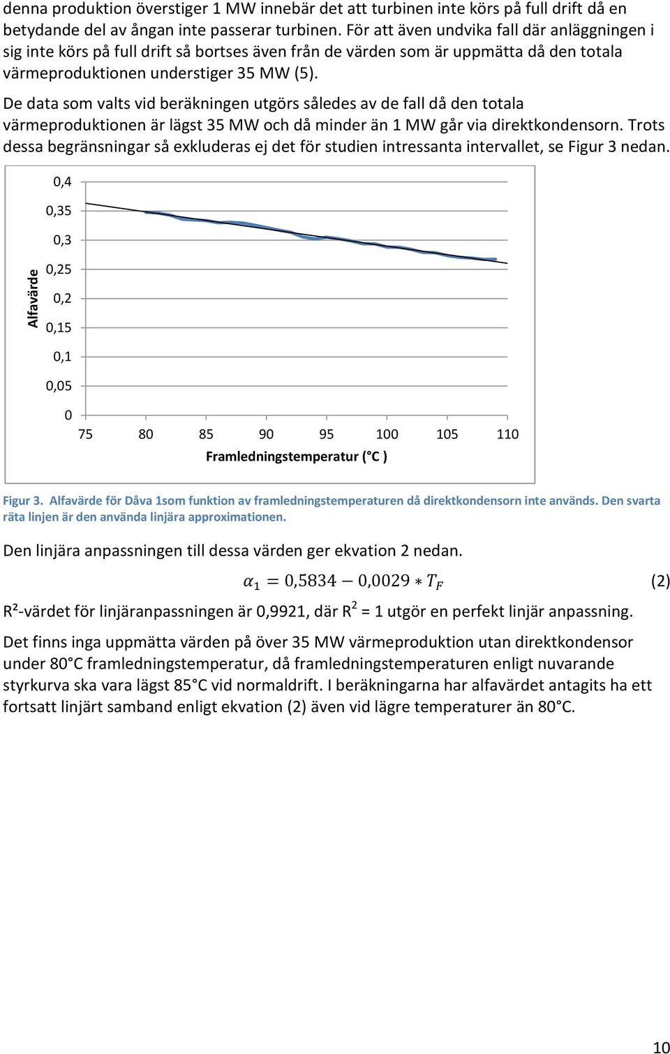 De data som valts vid beräkningen utgörs således av de fall då den totala värmeproduktionen är lägst 35 MW och då minder än 1 MW går via direktkondensorn.