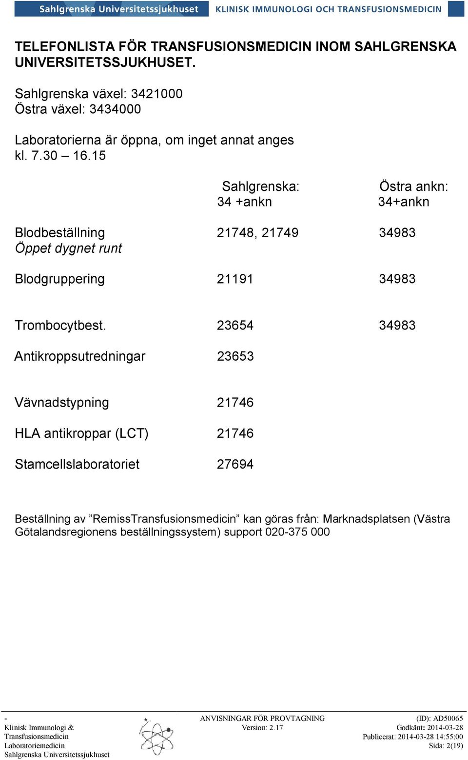 15 Sahlgrenska: Östra ankn: 34 +ankn 34+ankn Blodbeställning 21748, 21749 34983 Öppet dygnet runt Blodgruppering 21191 34983 Trombocytbest.