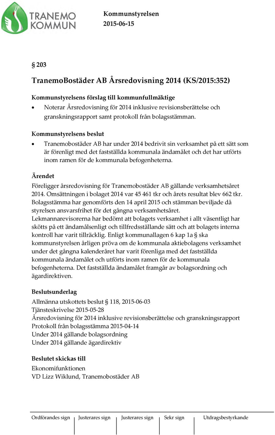 Kommunstyrelsens beslut Tranemobostäder AB har under 2014 bedrivit sin verksamhet på ett sätt som är förenligt med det fastställda kommunala ändamålet och det har utförts inom ramen för de kommunala