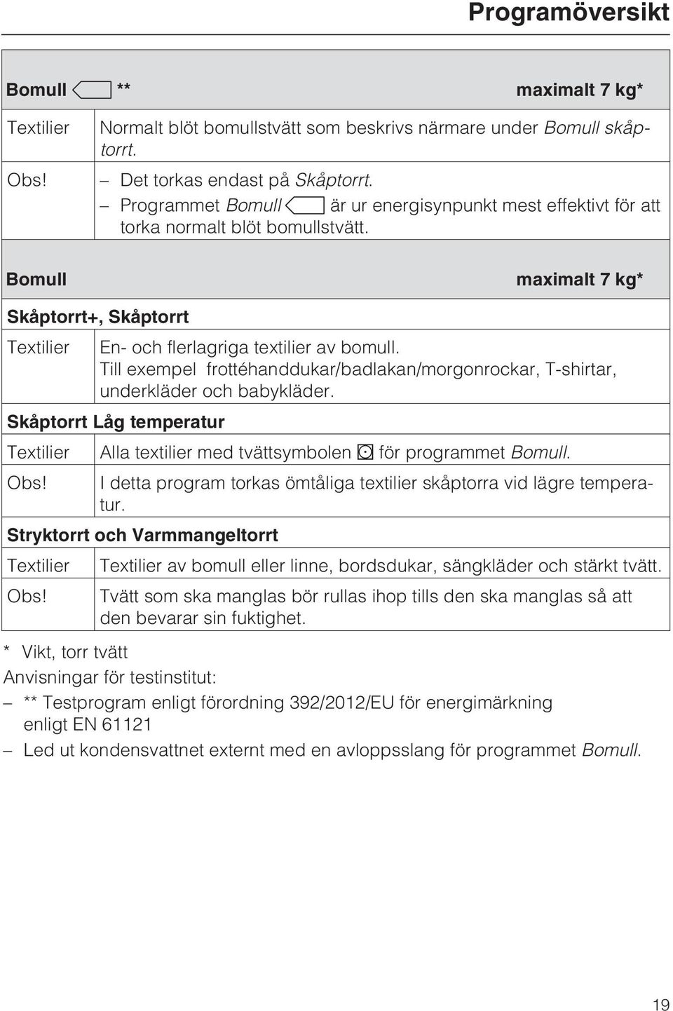 Till exempel frottéhanddukar/badlakan/morgonrockar, T-shirtar, underkläder och babykläder. Skåptorrt Låg temperatur Textilier Alla textilier med tvättsymbolen för programmet Bomull. Obs!