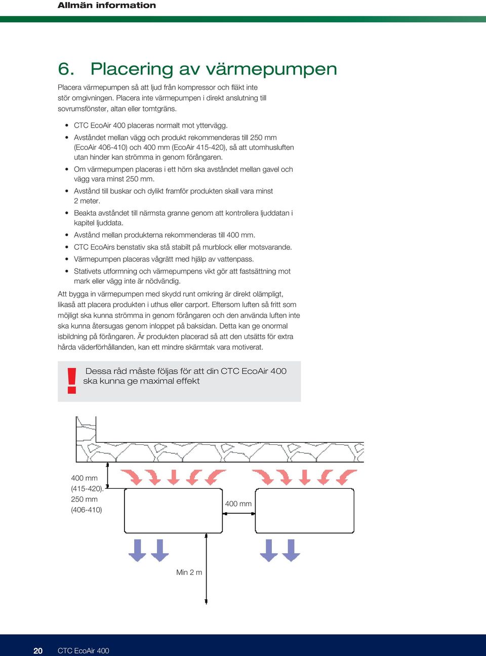 Avståndet mellan vägg och produkt rekommenderas till 250 mm (EcoAir 406-410) och 400 mm (EcoAir 415-420), så att utomhusluften utan hinder kan strömma in genom förångaren.