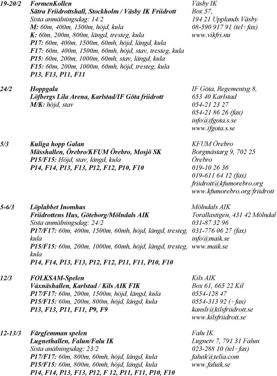 M/K: höjd, stav 5/3 Kuliga hopp Galan Mässhallen, Örebro/KFUM Örebro, Mosjö SK P15/F15: Höjd, stav, längd, P14, F14, P13, F13, P12, F12, P10, F10 Väsby IK Box 57, 194 21 Upplands Väsby 08-590 917 91