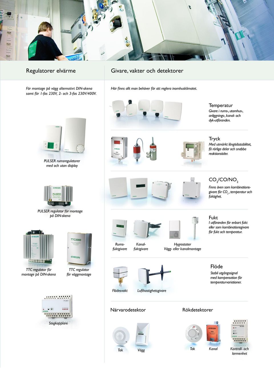 PULSER rumsregulatorer med och utan display CO 2 /CO/NO 2 Finns även som kombinationsgivare för CO 2, temperatur och fuktighet.