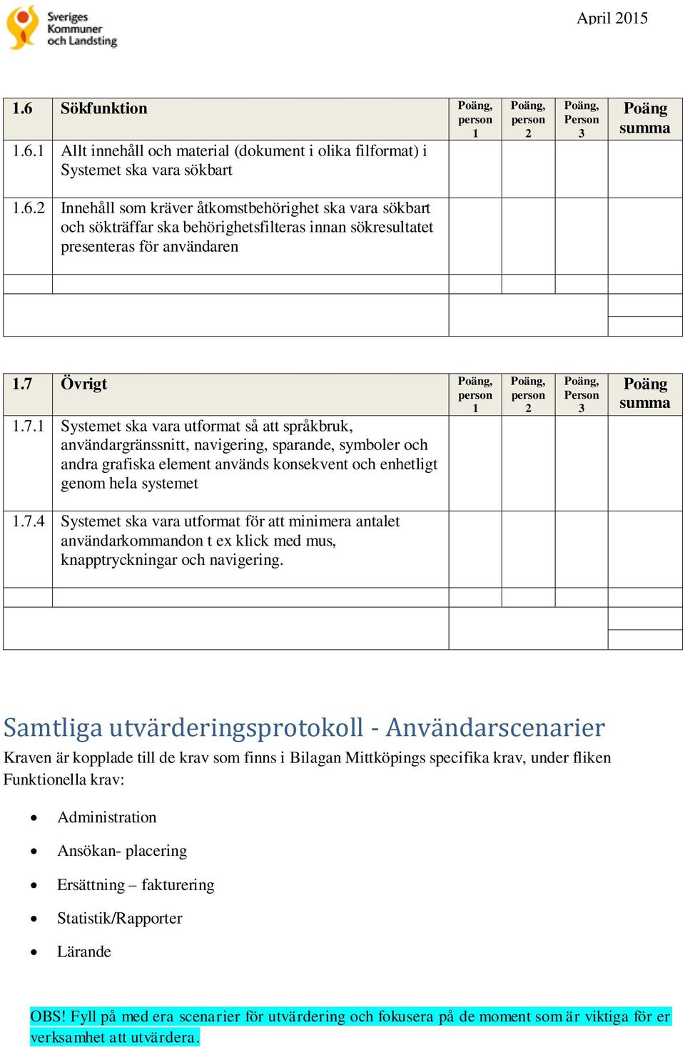 Samtliga utvärderingsprotokoll - Användarscenarier en är kopplade till de krav som finns i Bilagan Mittköpings specifika krav, under fliken Funktionella krav: Administration Ansökan- placering