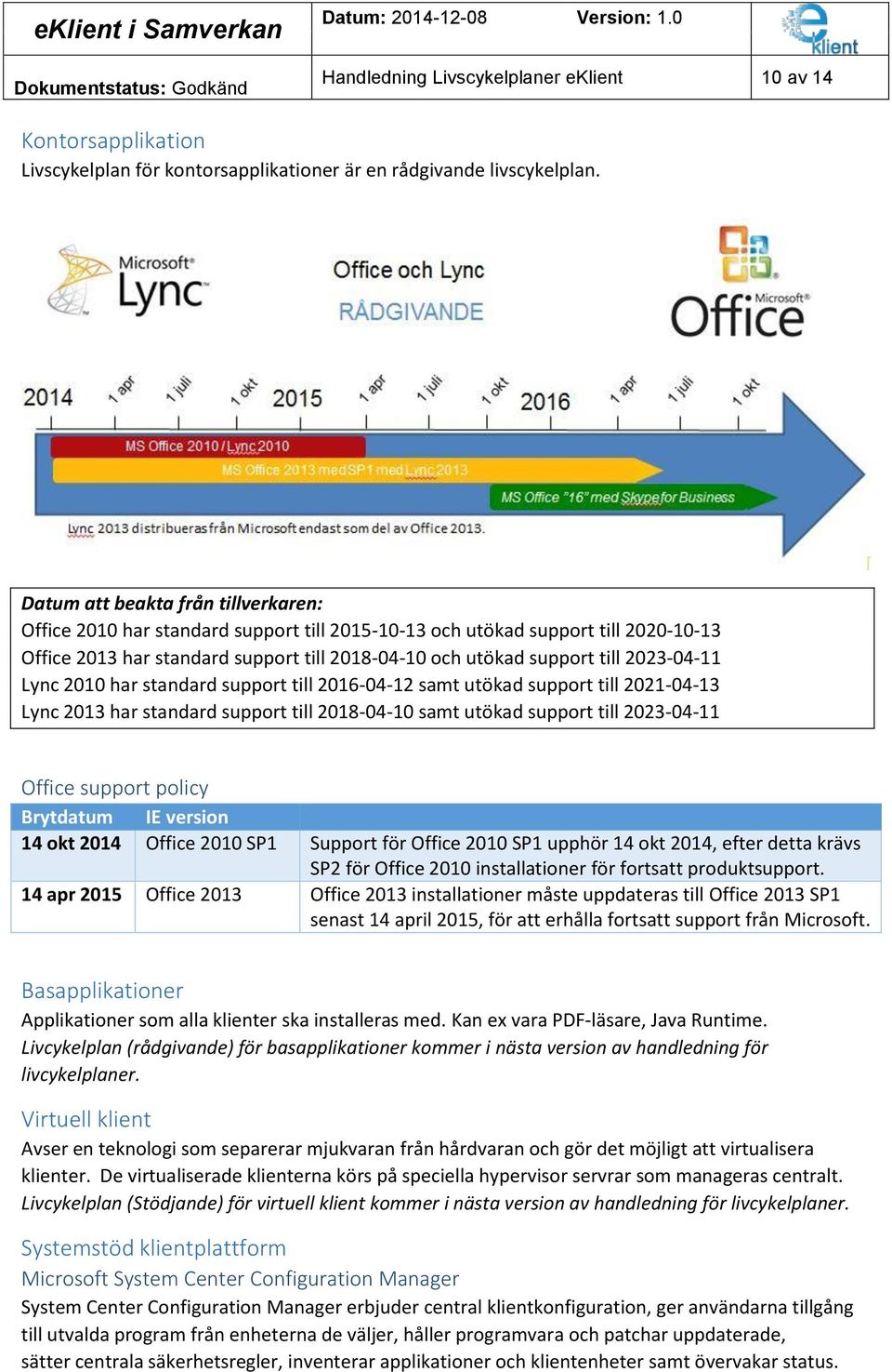 2023-04-11 Lync 2010 har standard support till 2016-04-12 samt utökad support till 2021-04-13 Lync 2013 har standard support till 2018-04-10 samt utökad support till 2023-04-11 Office support policy