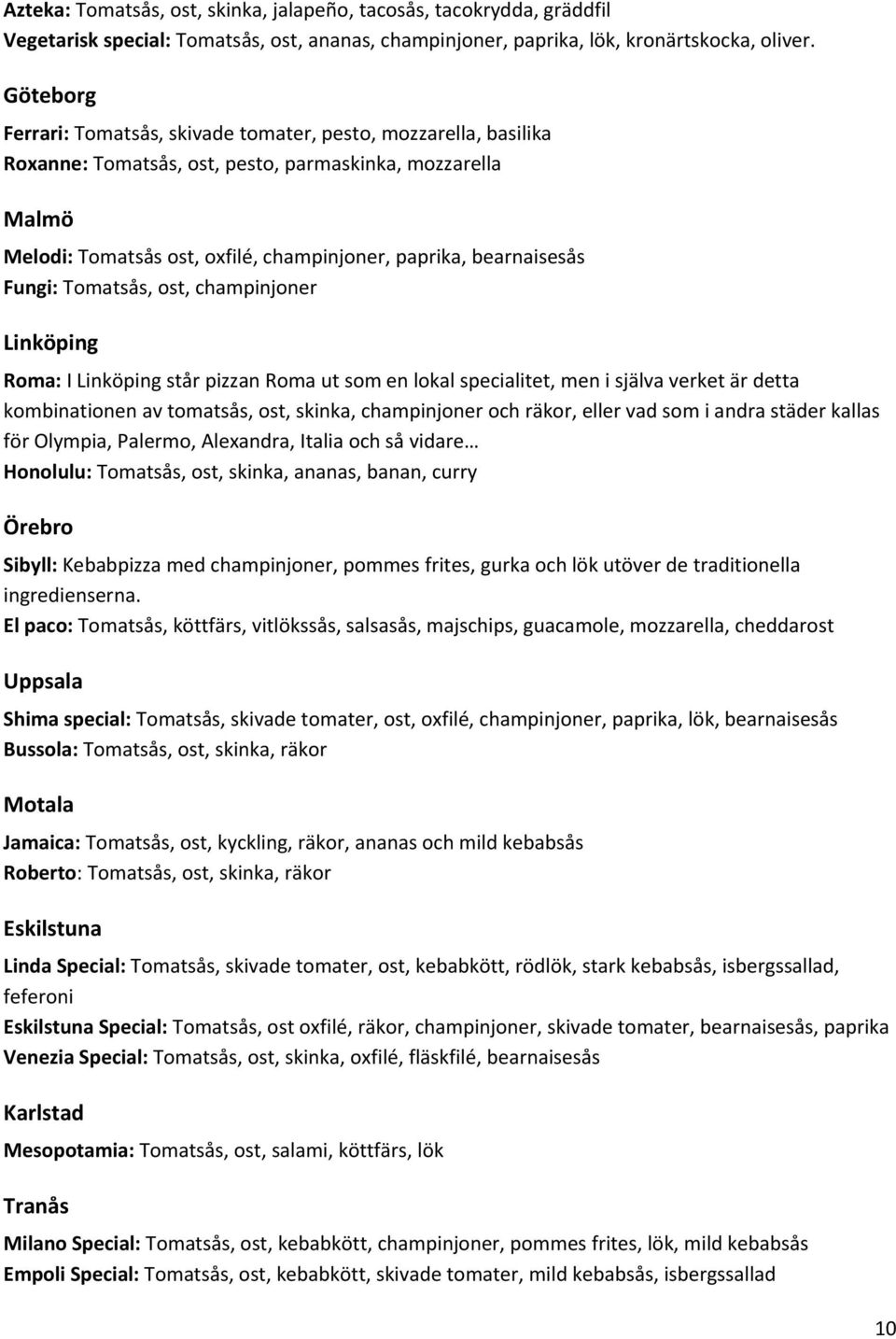 Fungi: Tomatsås, ost, champinjoner Linköping Roma: I Linköping står pizzan Roma ut som en lokal specialitet, men i själva verket är detta kombinationen av tomatsås, ost, skinka, champinjoner och