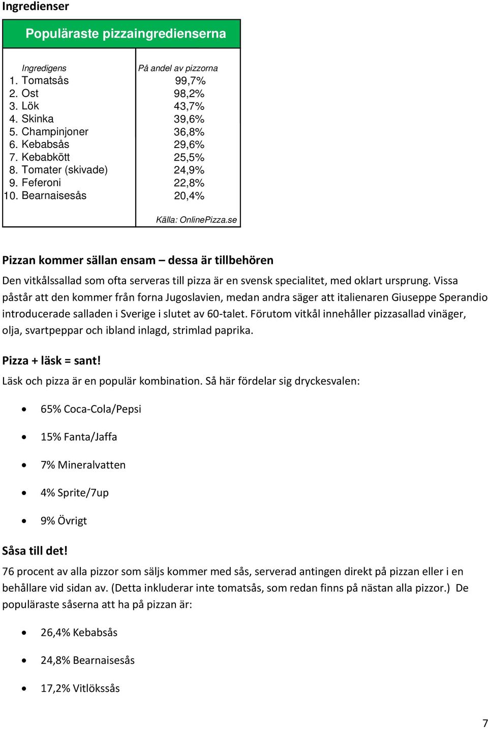 Bearnaisesås 20,4% Pizzan kommer sällan ensam dessa är tillbehören Den vitkålssallad som ofta serveras till pizza är en svensk specialitet, med oklart ursprung.