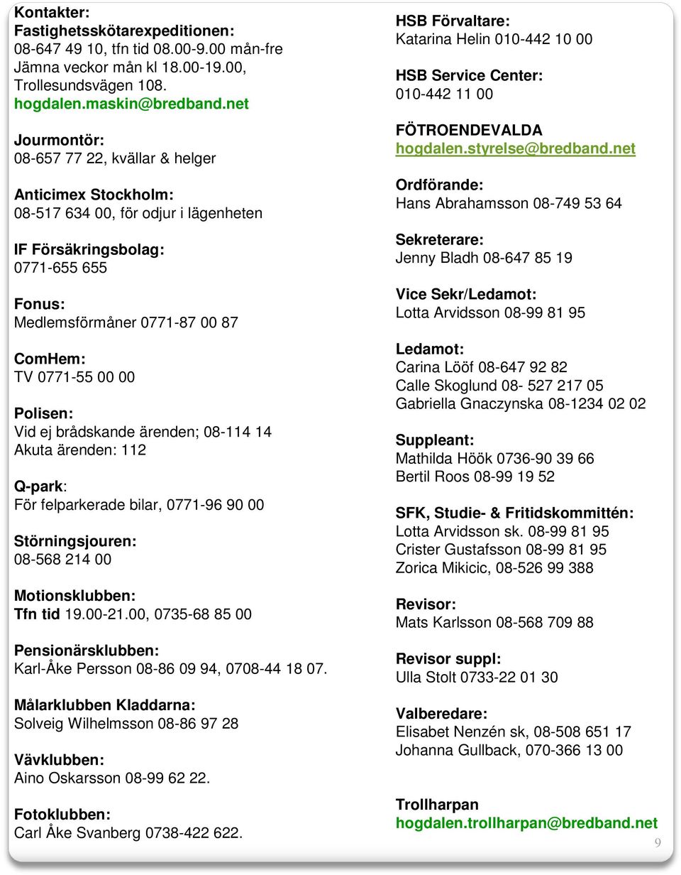 00 Polisen: Vid ej brådskande ärenden; 08-114 14 Akuta ärenden: 112 Q-park: För felparkerade bilar, 0771-96 90 00 Störningsjouren: 08-568 214 00 Motionsklubben: Tfn tid 19.00-21.