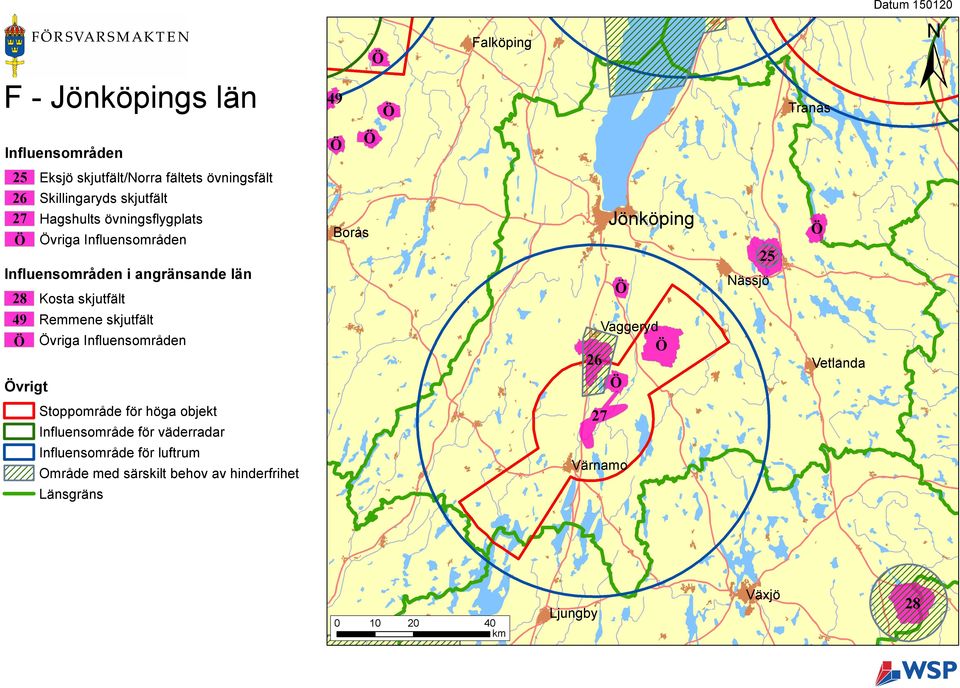 Remmene skjutfält vriga Influensområden Borås 26 Jönköping Vaggeryd 25 Nässjö Vetlanda Stoppområde för höga objekt Influensområde